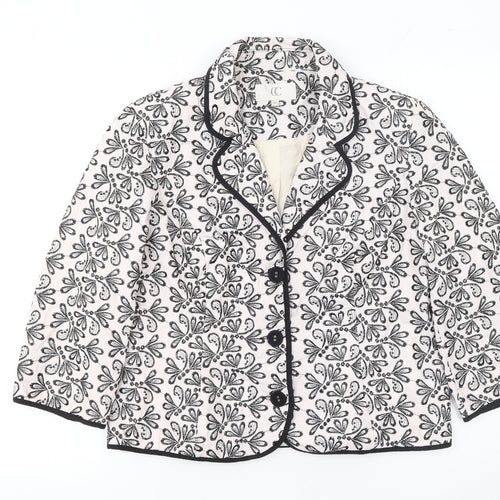 CC Women White Black Floral Embroidered Suit Jacket Size 14 Cotton Blend