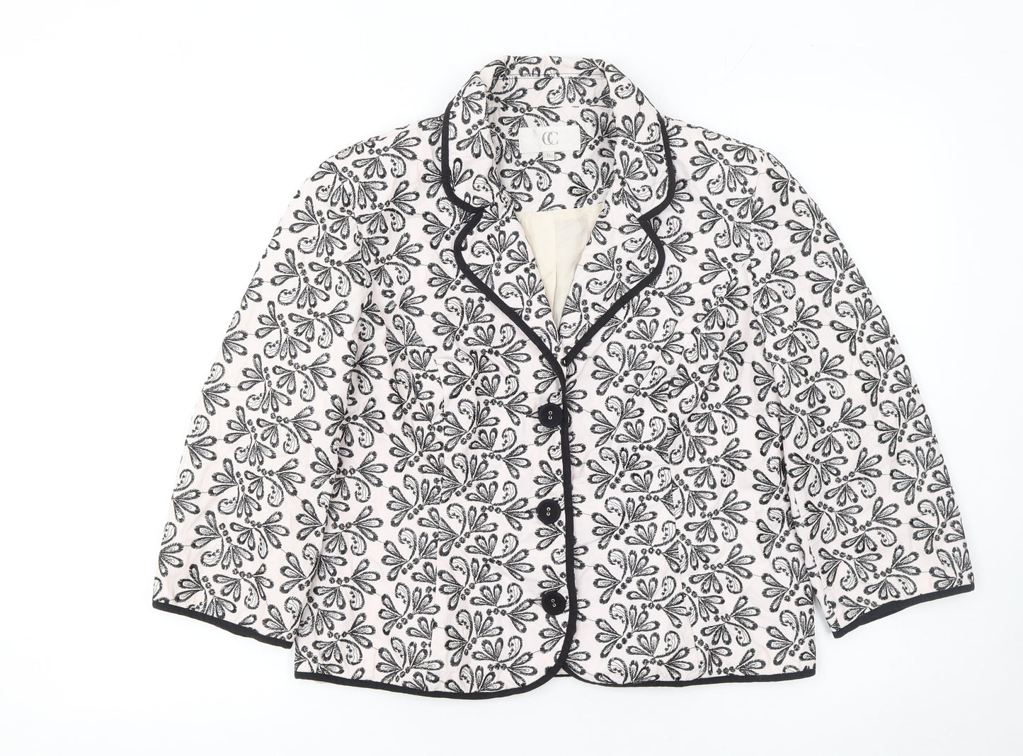 CC Women White Black Floral Embroidered Suit Jacket Size 14 Cotton Blend