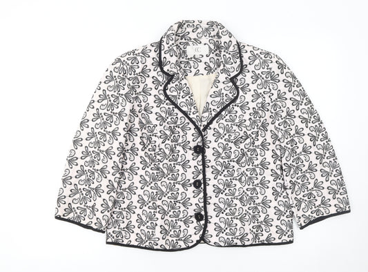 CC Women White Black Floral Embroidered Suit Jacket Size 14 Cotton Blend