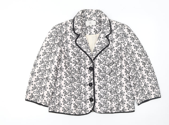 CC Women White Black Floral Embroidered Suit Jacket Size 14 Cotton Blend
