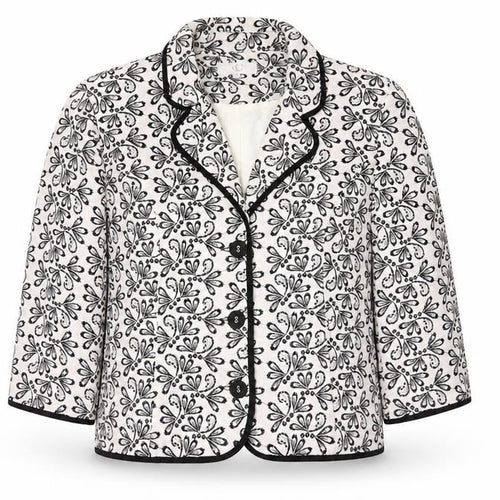 CC Women White Black Floral Embroidered Suit Jacket Size 14 Cotton Blend