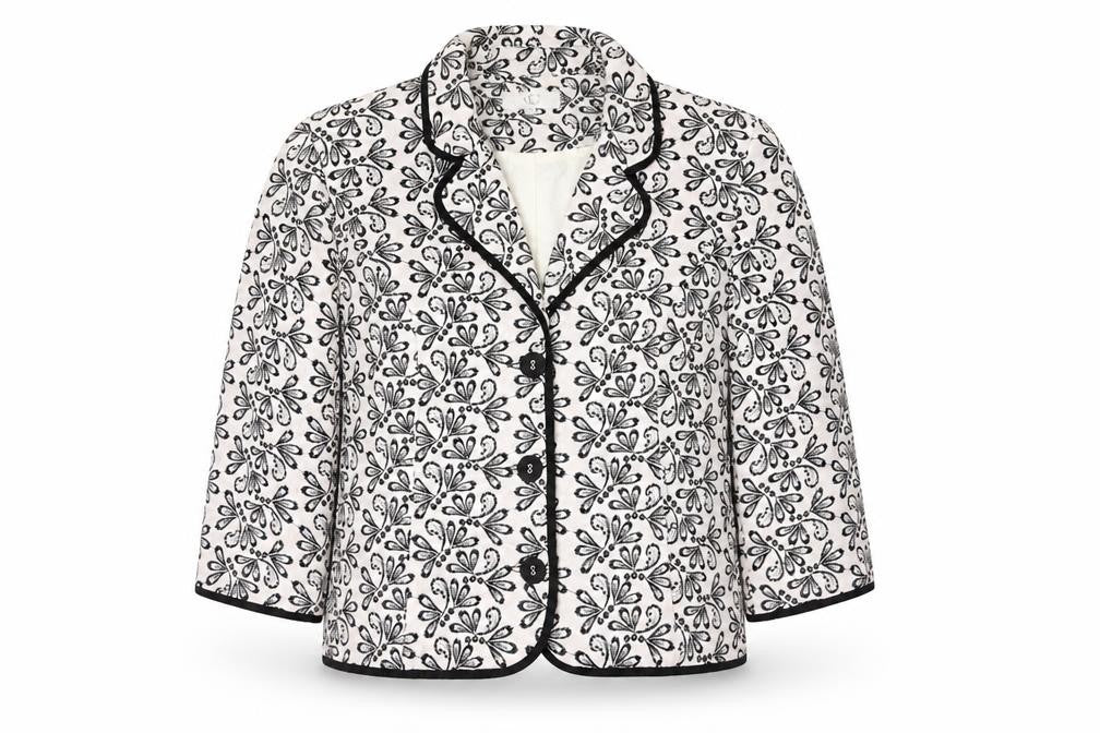 CC Women White Black Floral Embroidered Suit Jacket Size 14 Cotton Blend
