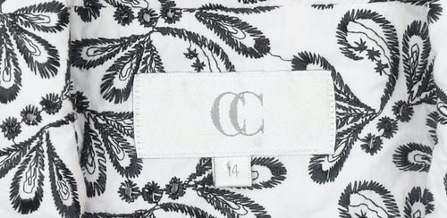 CC Women White Black Floral Embroidered Suit Jacket Size 14 Cotton Blend