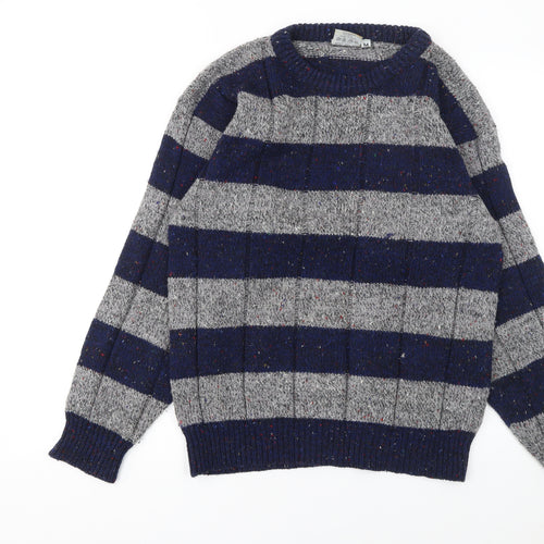 Avanti Men's Grey Blue Striped Chunky Knit Crew Neck Jumper M