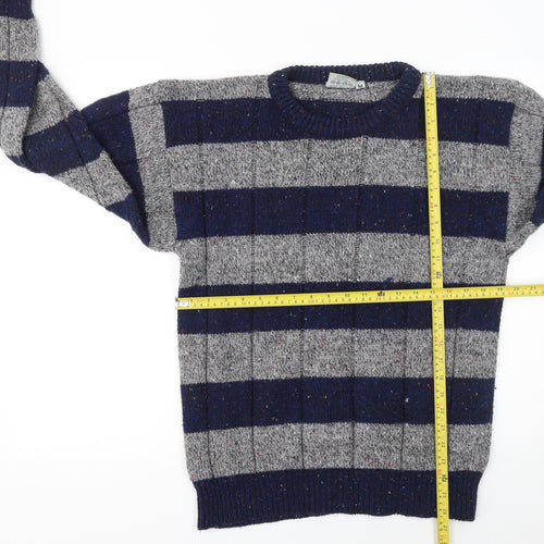 Avanti Men's Grey Blue Striped Chunky Knit Crew Neck Jumper M