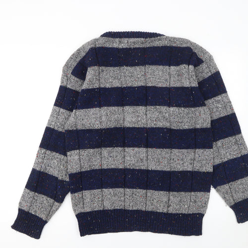 Avanti Men's Grey Blue Striped Chunky Knit Crew Neck Jumper M