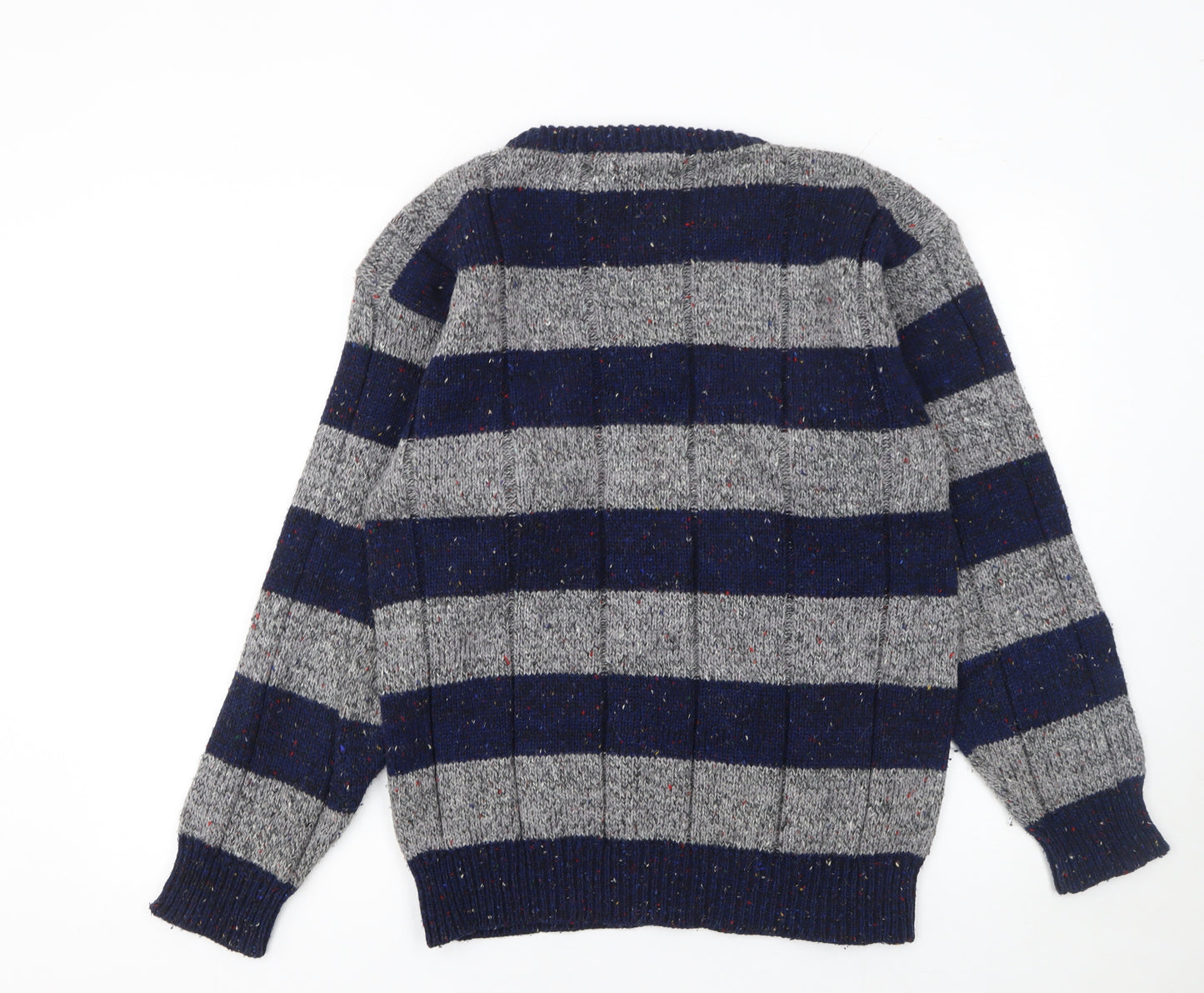 Avanti Men's Grey Blue Striped Chunky Knit Crew Neck Jumper M