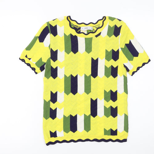 Zara Knit Women's Multicoloured Geometric Short Sleeve Viscose Top S