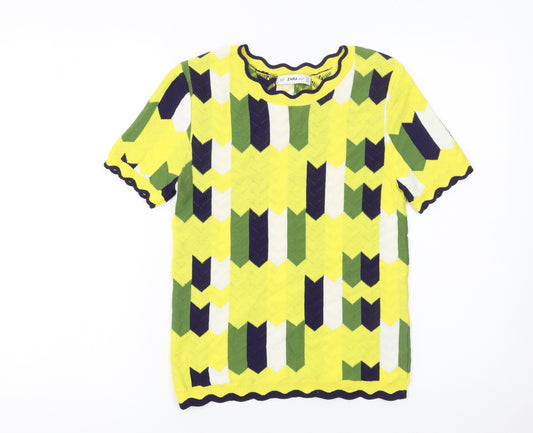 Zara Knit Women's Multicoloured Geometric Short Sleeve Viscose Top S