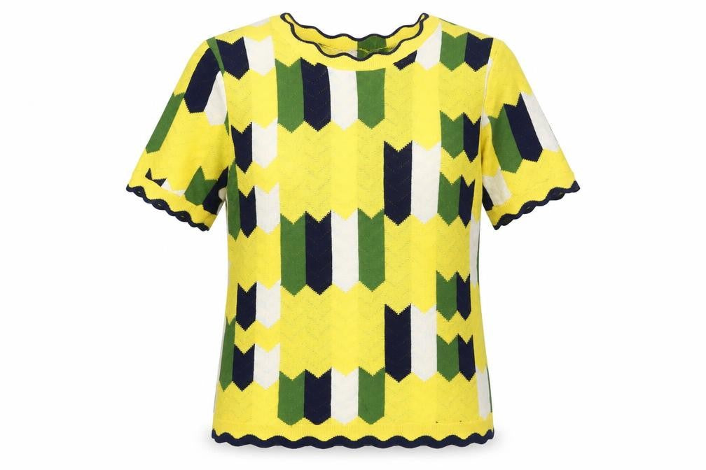 Front view of Zara Knit Women's Multicoloured Geometric Short Sleeve Viscose Top S