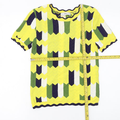 Zara Knit Women's Multicoloured Geometric Short Sleeve Viscose Top S