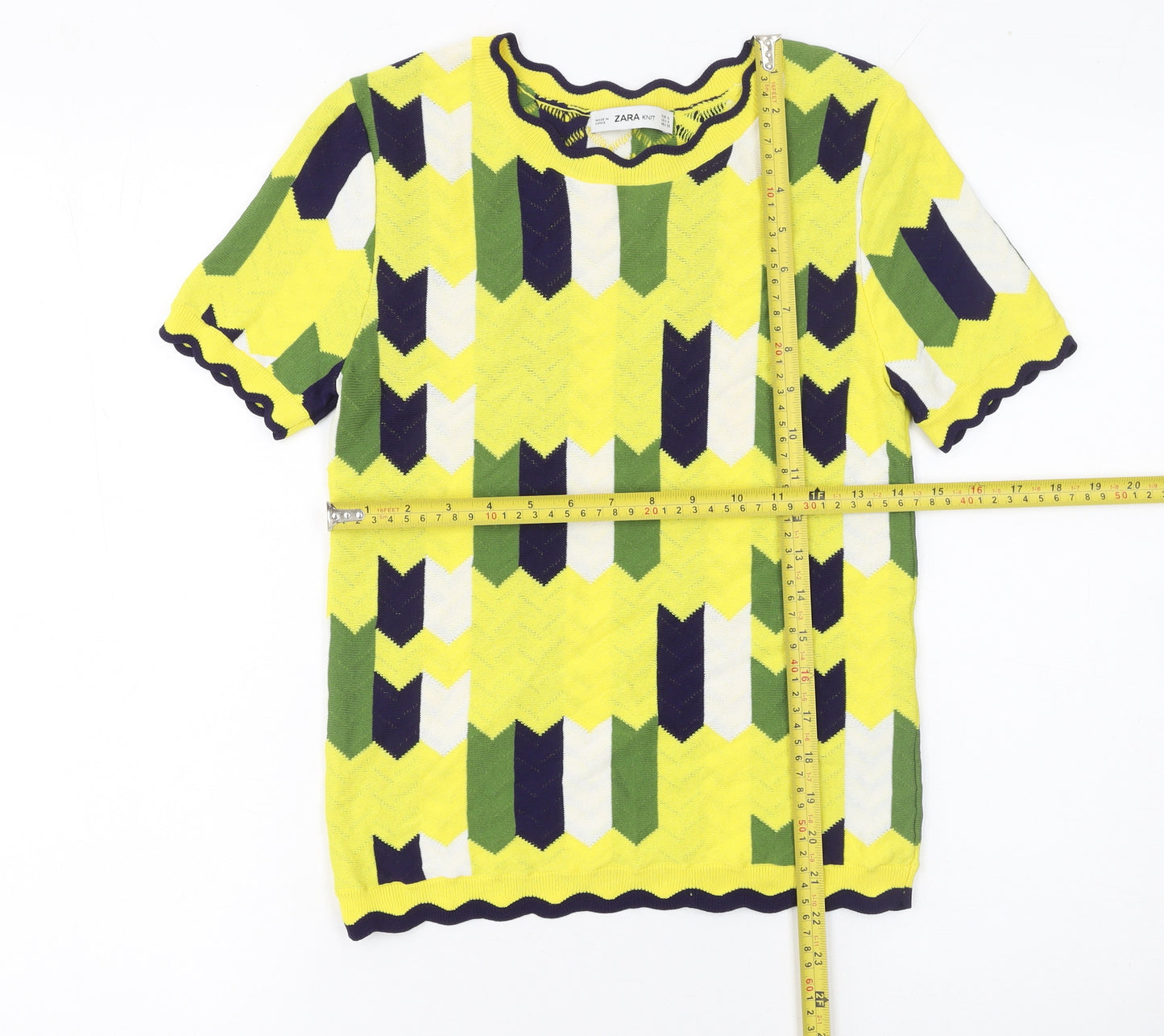 Zara Knit Women's Multicoloured Geometric Short Sleeve Viscose Top S