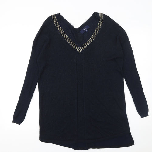 Next Women's Black Jewel V-Neck Long Sleeve Knit Jumper Size 10