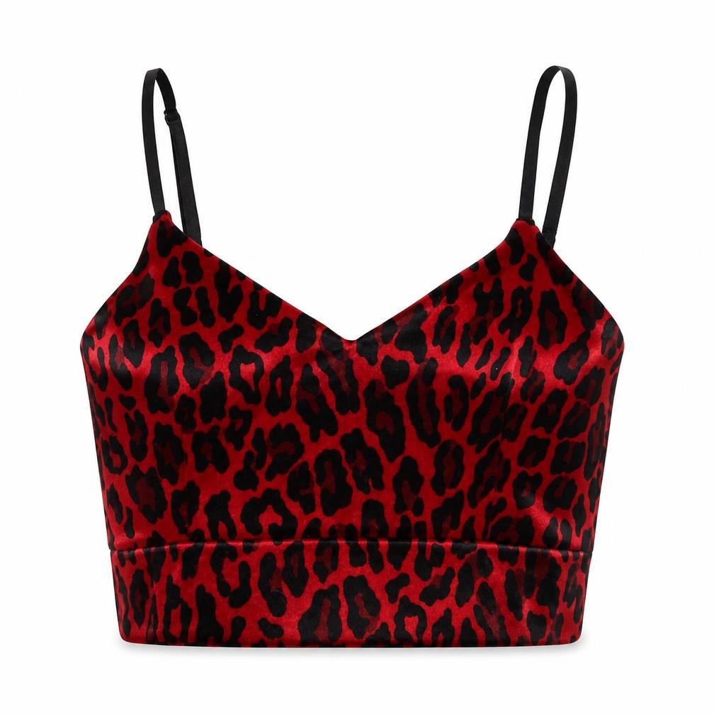 Front view of Quiz women’s red leopard velvet camisole top, size UK 10