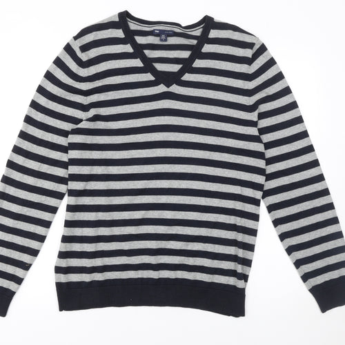 Gap Men's Grey Striped V-Neck Cotton Jumper Size M
