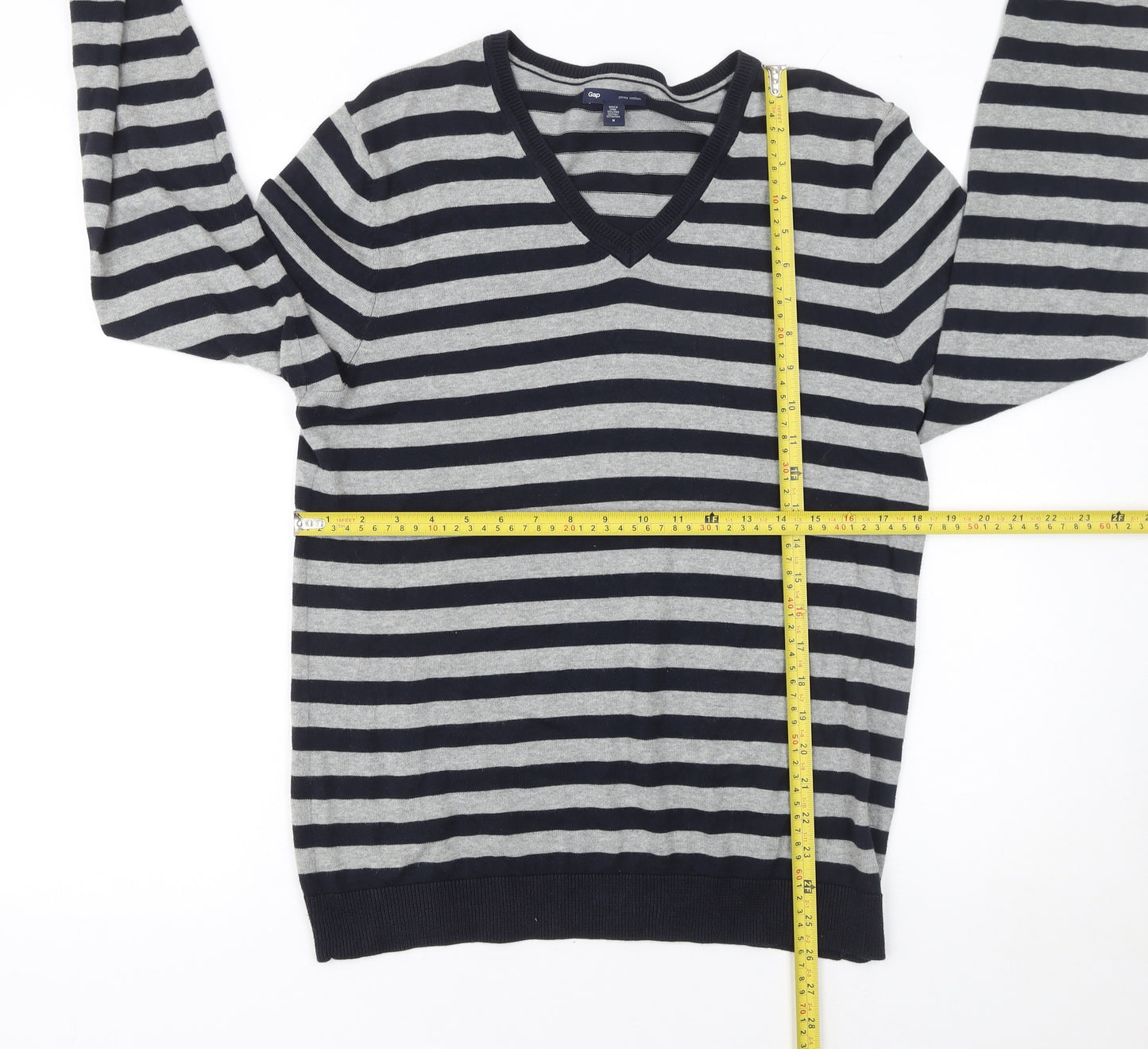 Gap Men's Grey Striped V-Neck Cotton Jumper Size M
