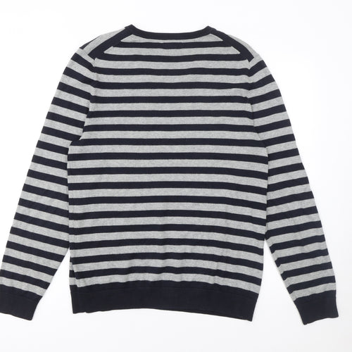 Gap Men's Grey Striped V-Neck Cotton Jumper Size M