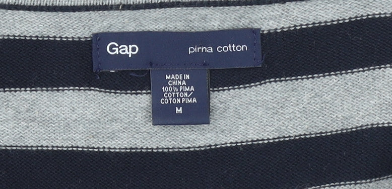 Gap Men's Grey Striped V-Neck Cotton Jumper Size M