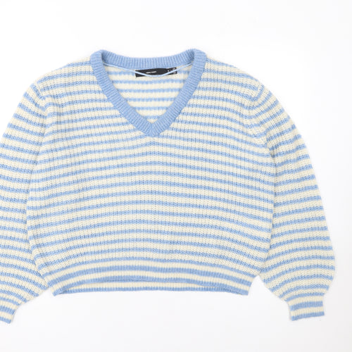 Vero Moda Women Blue Stripe V-Neck Chunky Knit Jumper Size L