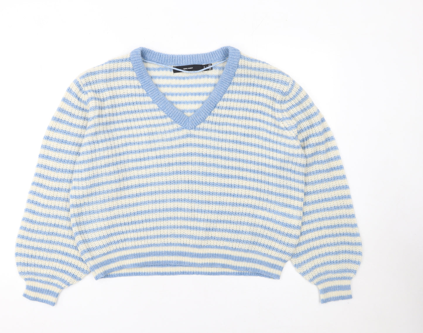 Vero Moda Women Blue Stripe V-Neck Chunky Knit Jumper Size L