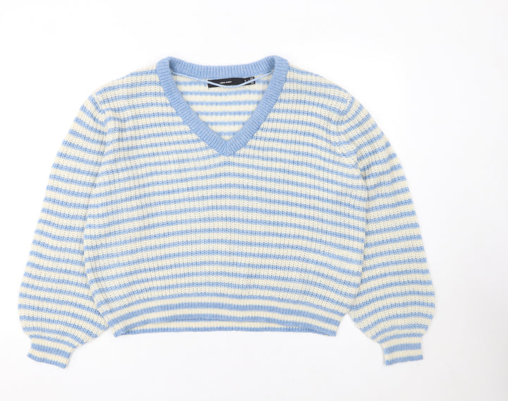 Vero Moda Women Blue Stripe V-Neck Chunky Knit Jumper Size L