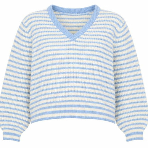 Vero Moda Women Blue Stripe V-Neck Chunky Knit Jumper Size L