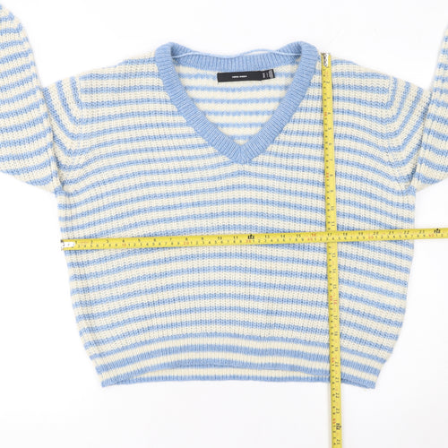 Vero Moda Women Blue Stripe V-Neck Chunky Knit Jumper Size L