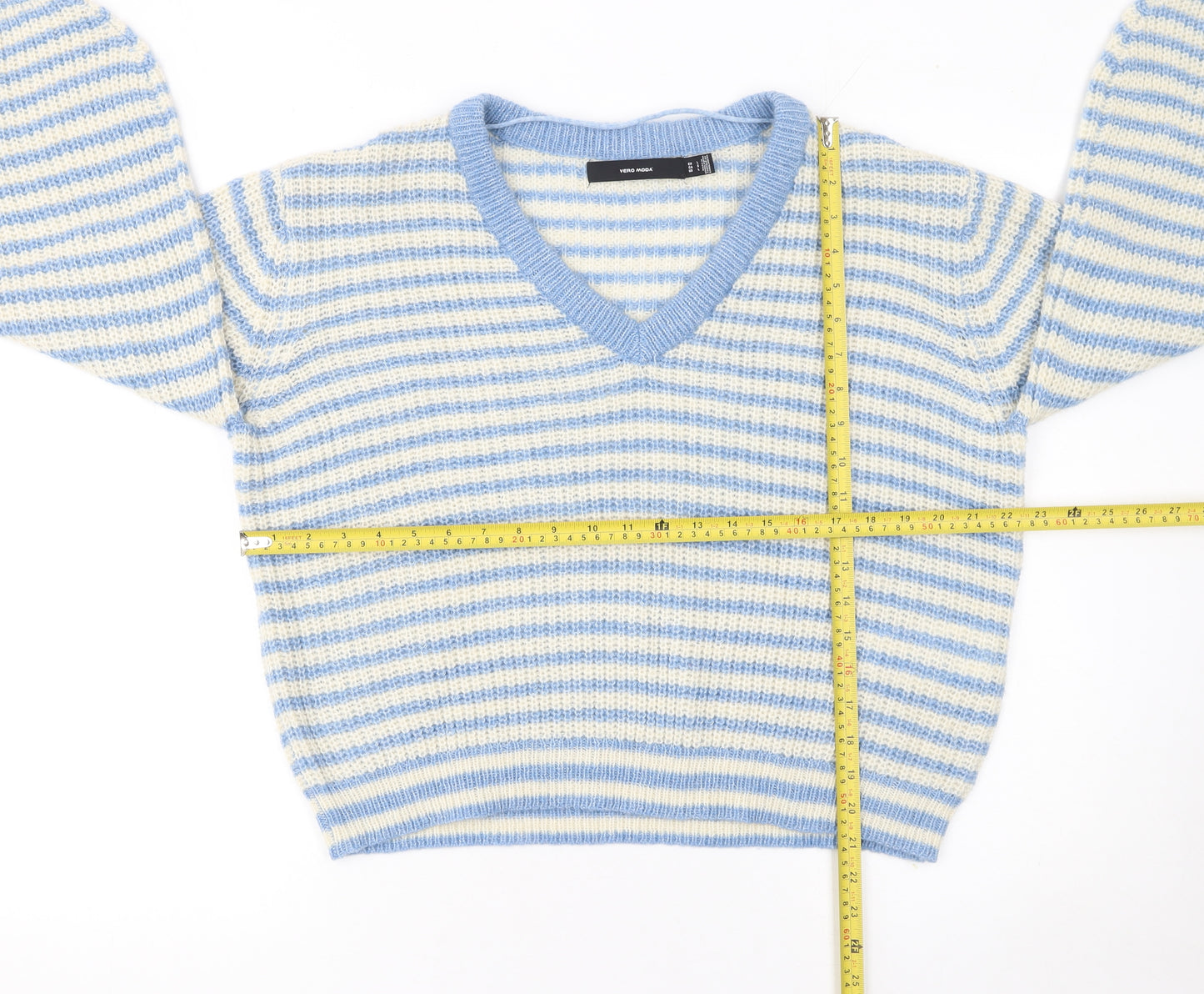 Vero Moda Women Blue Stripe V-Neck Chunky Knit Jumper Size L