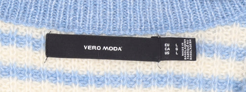 Vero Moda Women Blue Stripe V-Neck Chunky Knit Jumper Size L