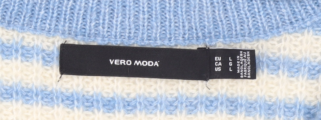 Vero Moda Women Blue Stripe V-Neck Chunky Knit Jumper Size L