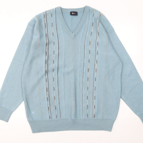 Galteco Men Blue Wool Blend V-Neck Pullover Jumper XL