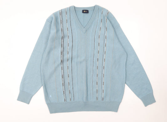 Galteco Men Blue Wool Blend V-Neck Pullover Jumper XL