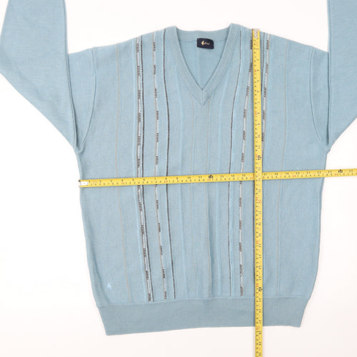 Galteco Men Blue Wool Blend V-Neck Pullover Jumper XL