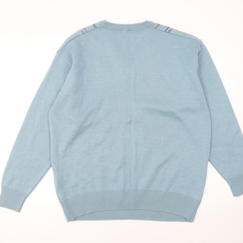 Galteco Men Blue Wool Blend V-Neck Pullover Jumper XL