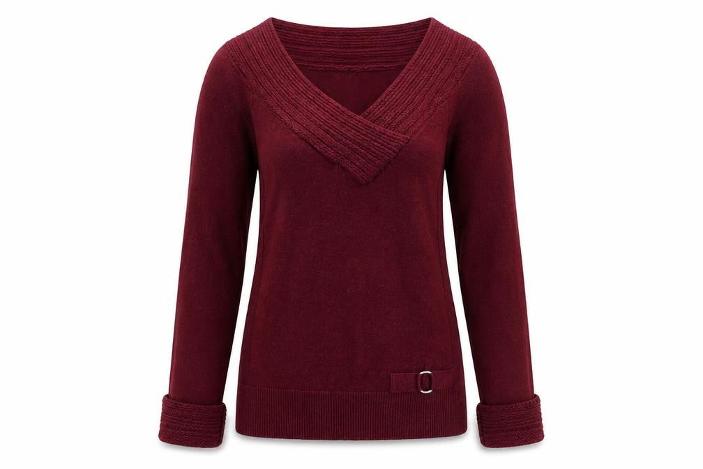 Front view of Le Chateau Women's Red V-Neck Long Sleeve jumper, size M