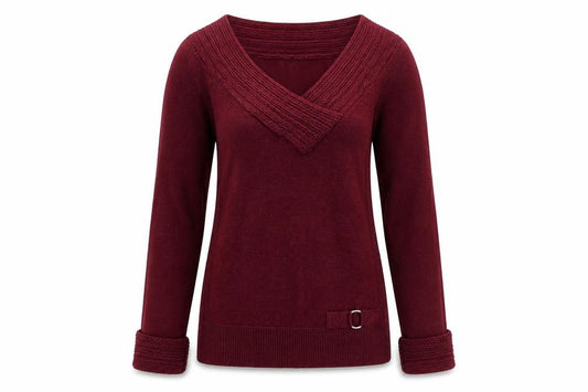 Front view of Le Chateau Women's Red V-Neck Long Sleeve jumper, size M