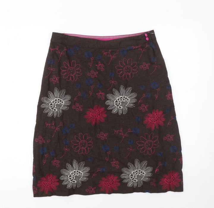 White Stuff Womens Brown Knee Length Floral Wool Blend A-Line Skirt Size 10