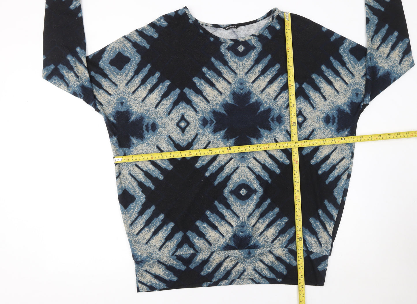 Roman Women Blue Geometric Pullover Jumper Size 16 3/4 Sleeve