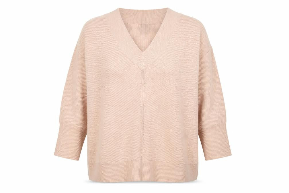 Front view of Monsoon Women Beige V-Neck Knit jumper L