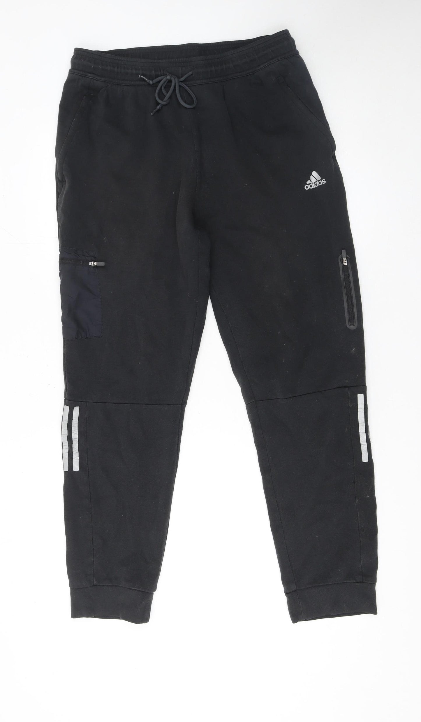 Adidas Men's Black Jogger Trousers L Cotton Polyester Reflective Trim