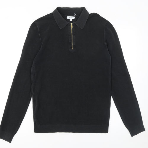 Reiss Men's Black Long Sleeve Cotton 1/4 Zip Knit Polo Shirt Size M