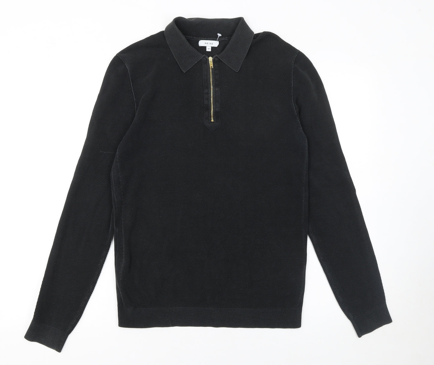 Reiss Men's Black Long Sleeve Cotton 1/4 Zip Knit Polo Shirt Size M