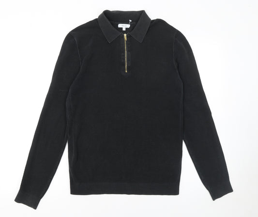 Reiss Men's Black Long Sleeve Cotton 1/4 Zip Knit Polo Shirt Size M