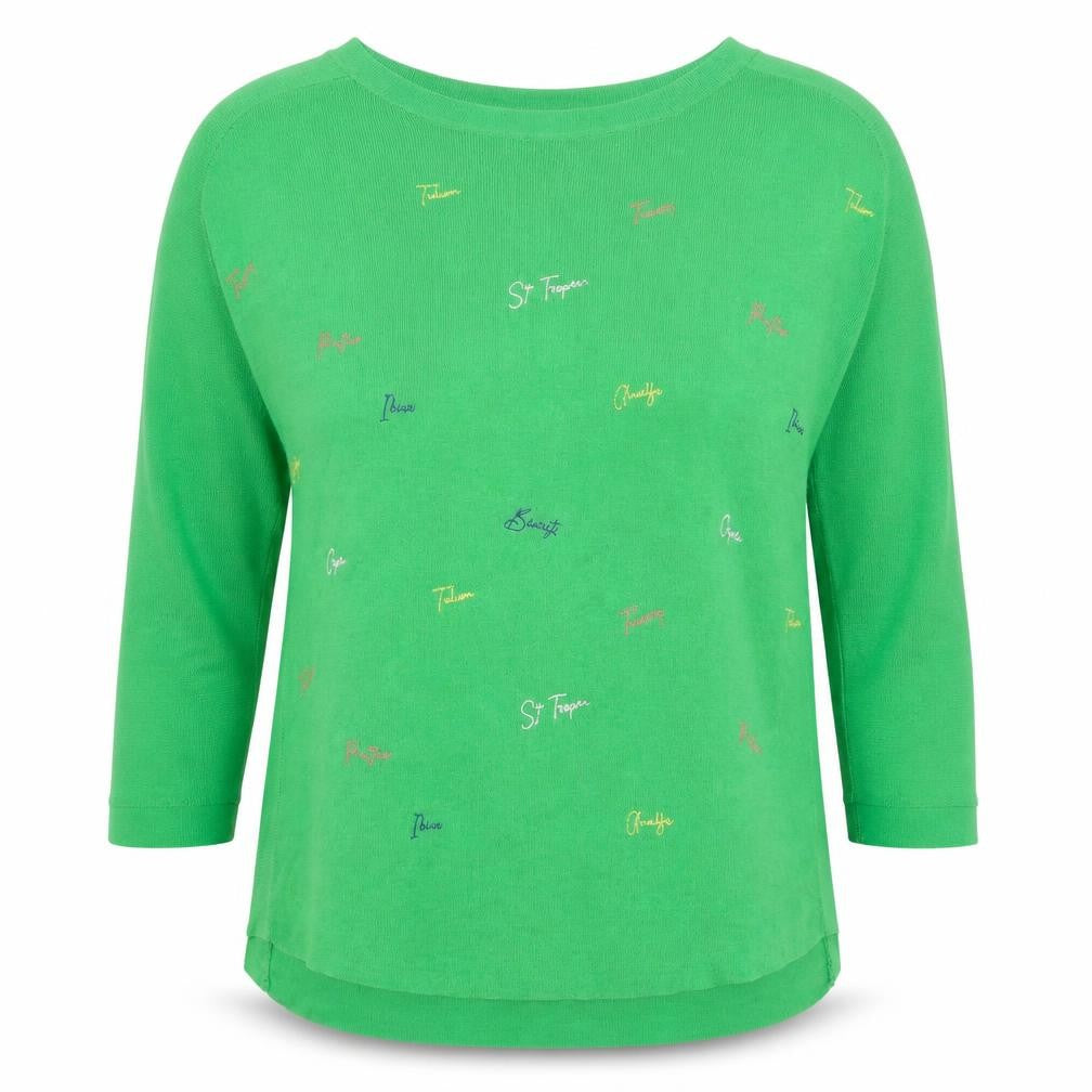 Front view of Next Women's Green Embroidered Relaxed Fit Linen Blend jumper, size 12