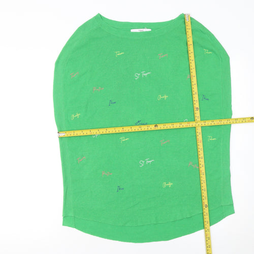 Next Women's Green Embroidered Relaxed Fit Linen Blend Pullover Jumper Size 12