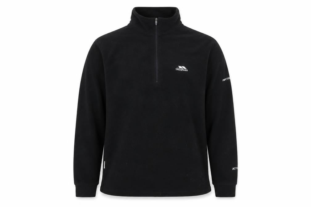 Front view of Trespass men’s black fleece 1/2 zip pullover sweatshirt, size S