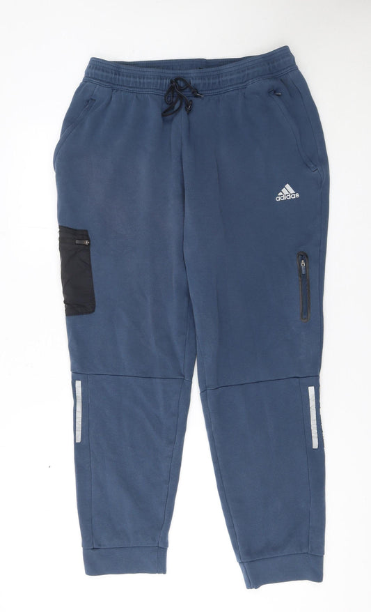 Adidas Men Blue Jogger Fleece Trousers L Reflective Pockets
