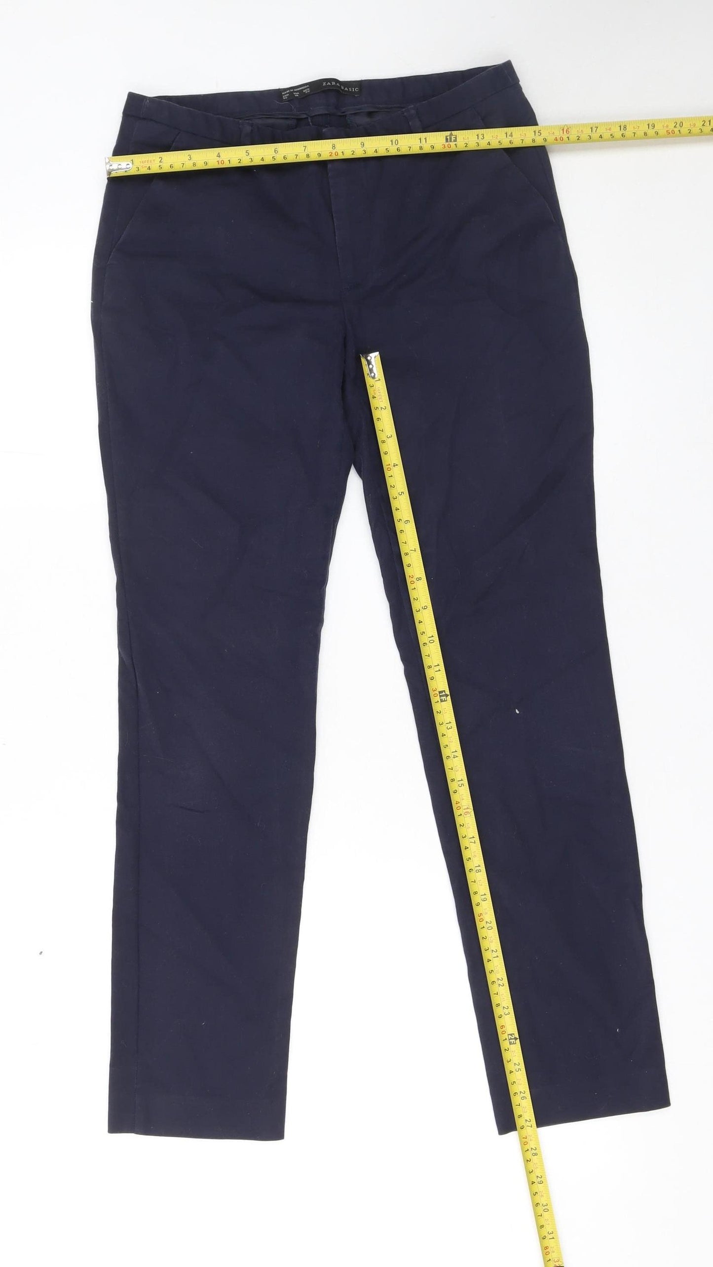 Zara Basic Womens Blue Chino Slim Fit Straight Leg Cotton Trousers Size 8