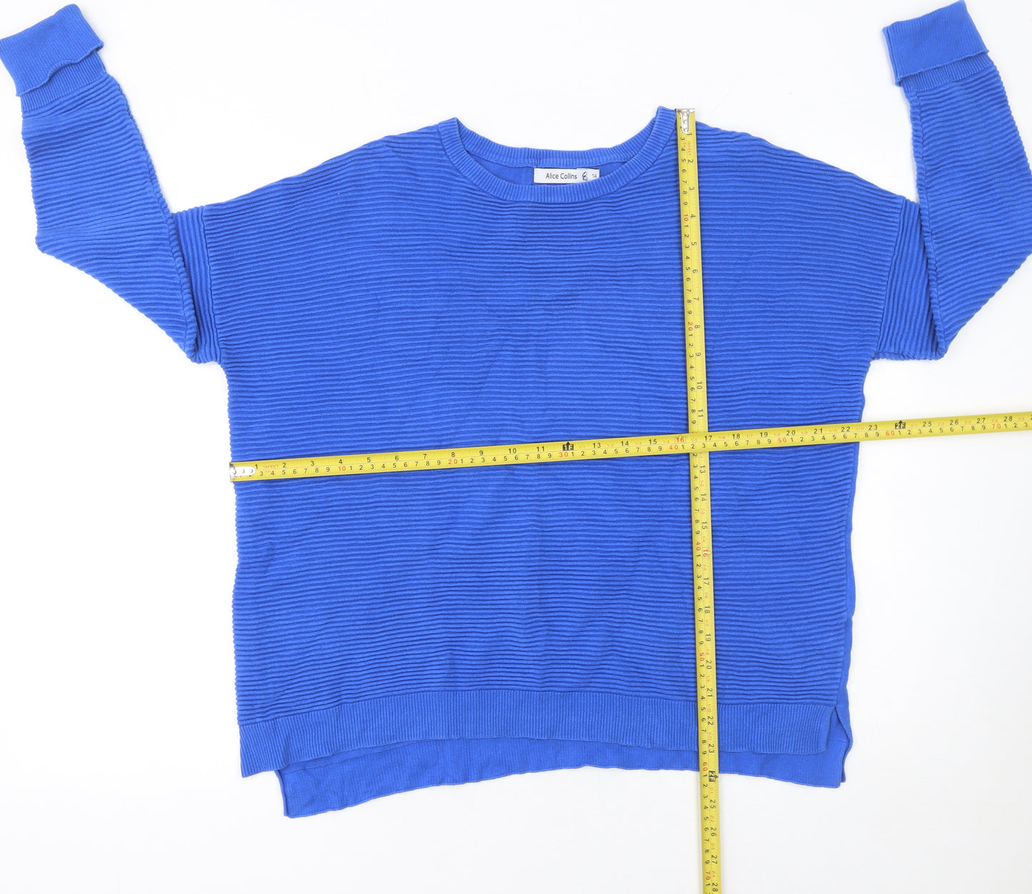 Alice Collins Women Blue Size 14 Cotton Knit Crew Neck Jumper