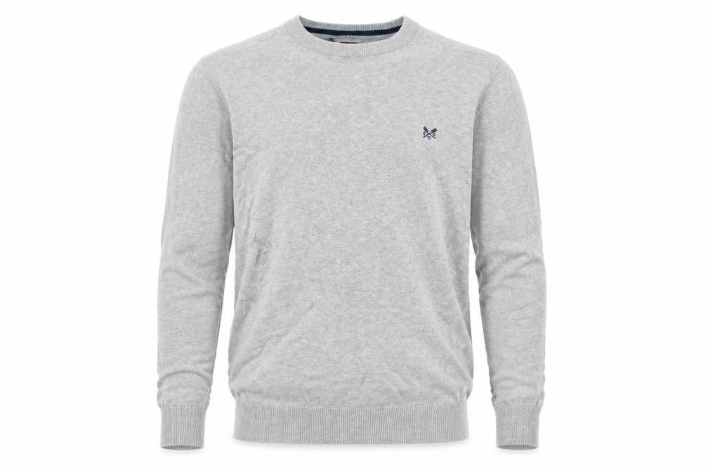Front view of Crew Clothing men’s grey cotton jumper, size S
